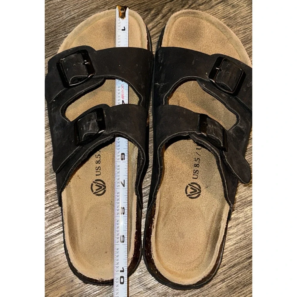 Cork Footbed Sandal Comfort  Boho Slip On Buckle Black Leather Women's 8.5